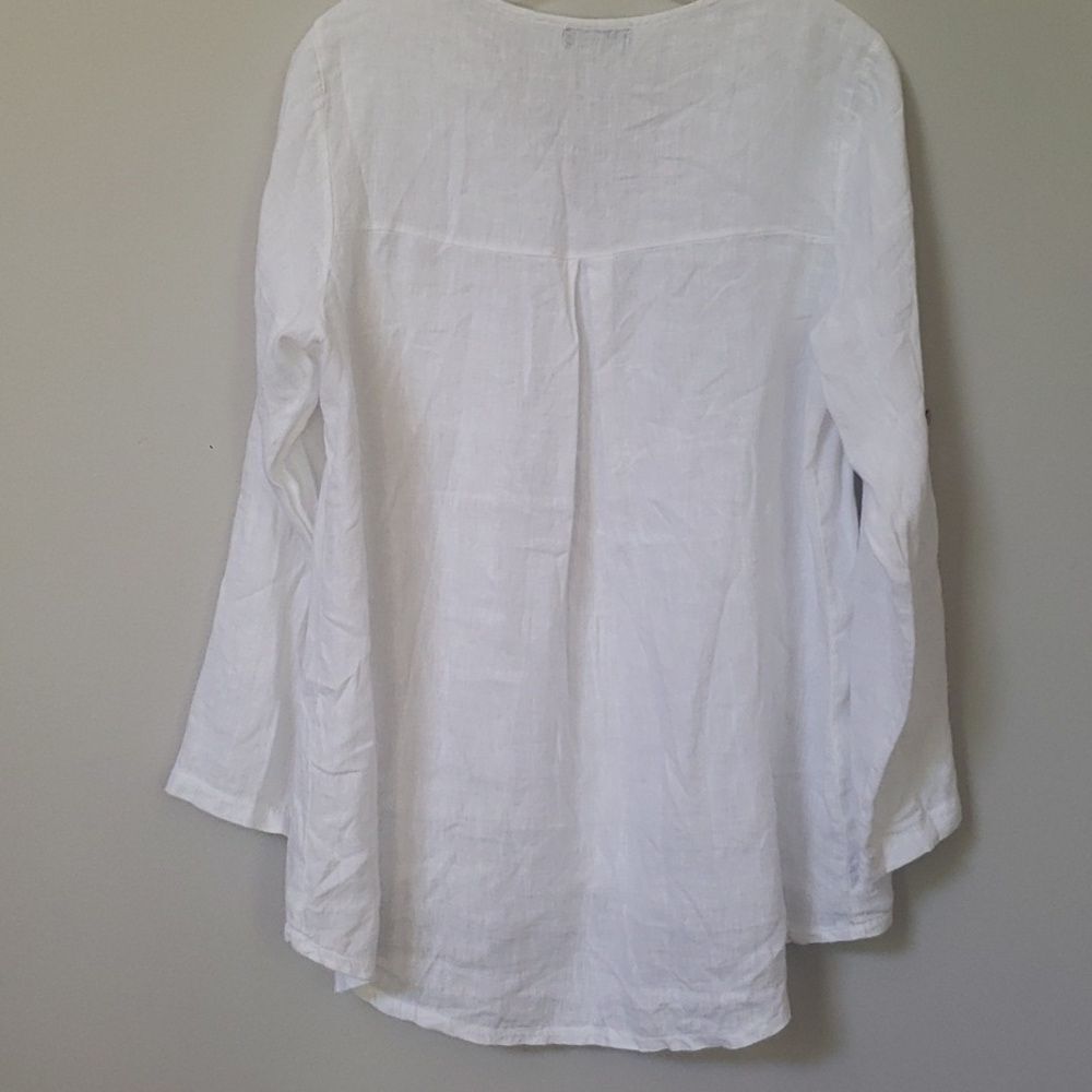 Terzo Millennio White Linen Tunic Blouse Women’s Med Roll Up Sleeve Breezy - Picture 4 of 5